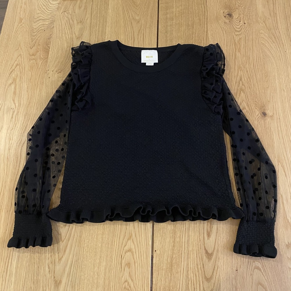 MAEVE Anthropologie Romantic Blouse Women's XL Black Sheer Puff Polka Dot Sleeve
